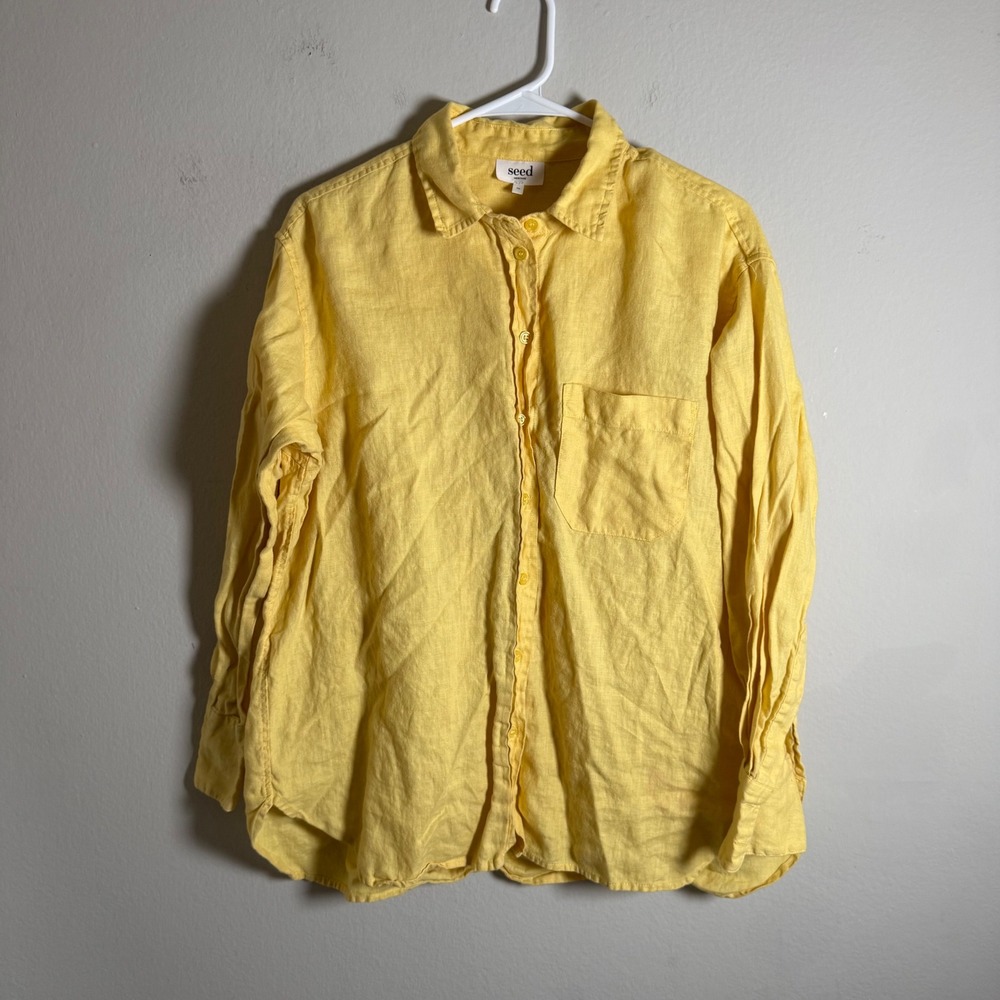 Seed Heritage Yellow 100% Linen Button Down Shirt Womens Size 10 Long Sleeve